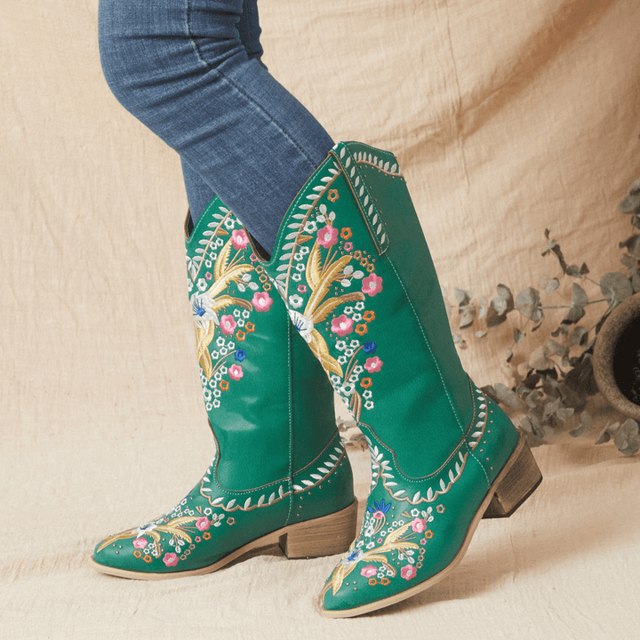 Women Leather Retro Floral Printing Wearable Comfy Slip on Chunky Heel Mid-Calf Cowboy Boots