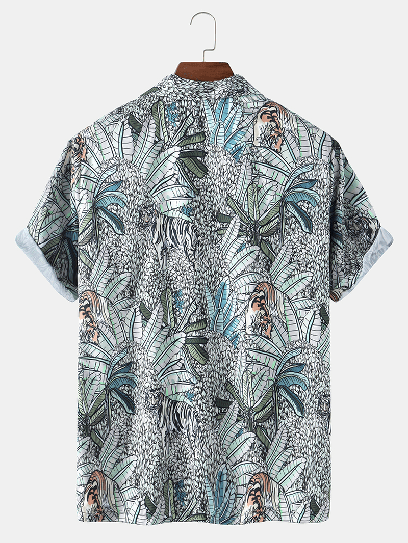 Mens Tropical Leaves Print Hawaii Casual Short Sleeve Shirts