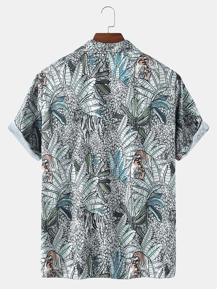 Mens Tropical Leaves Print Hawaii Casual Short Sleeve Shirts