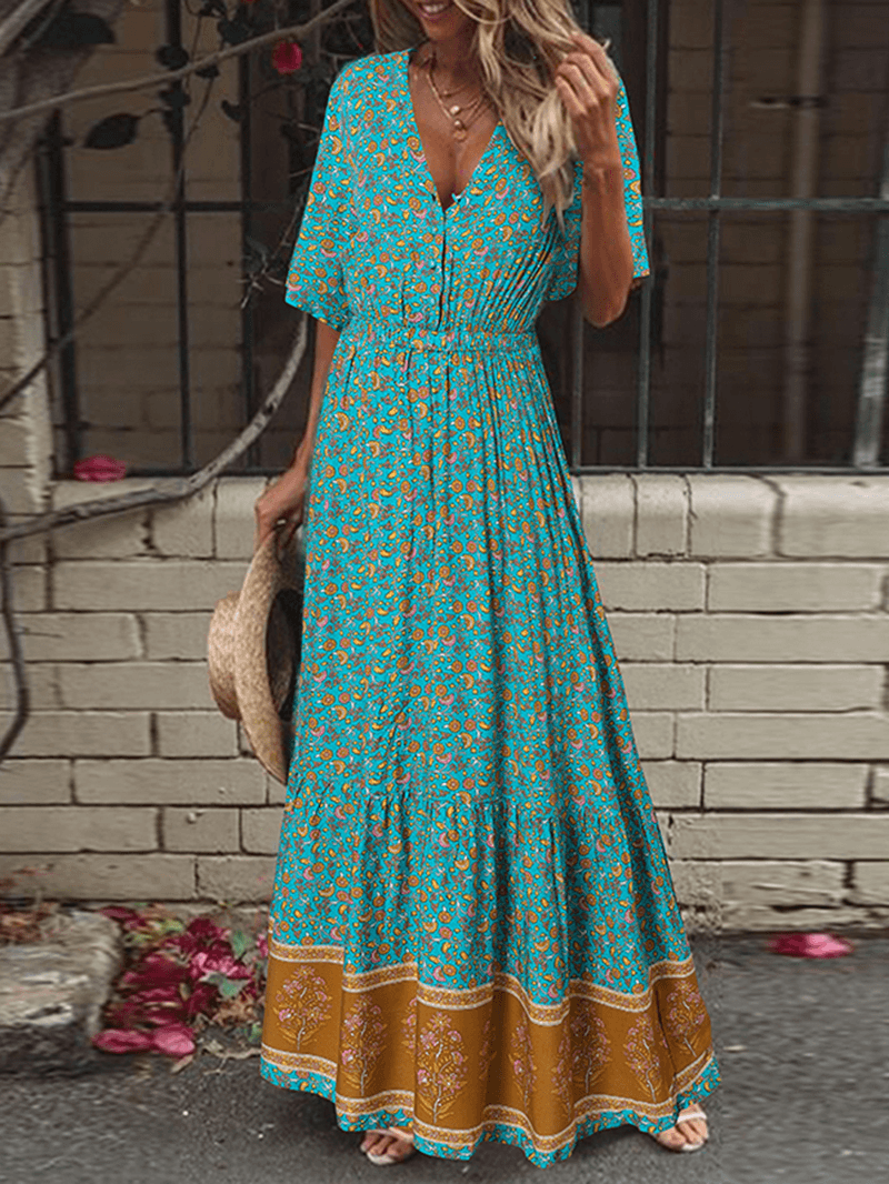 Retro Floral Print V-Neck Maxi Dress - Bohemian Holiday Essential