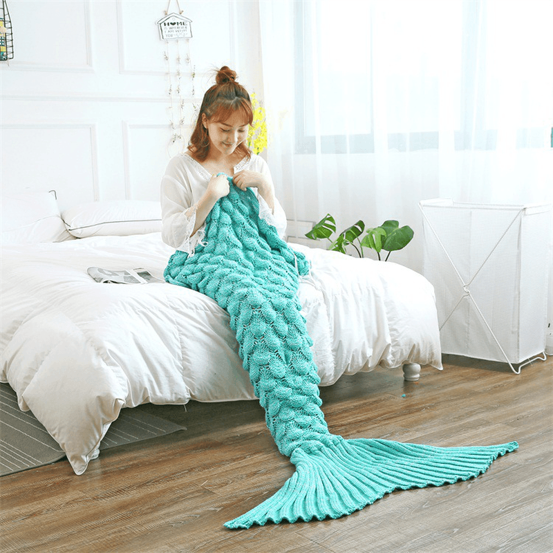 Mermaid Tail Blankets Yarn Knitted Handmade Crochet Mermaid Blanket Kids Throw Bed Wrap Super Soft Sleeping Bed - MRSLM