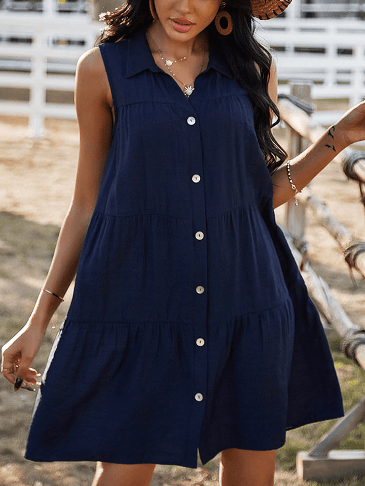 Solid Color Lapel Sleeveless Button Loose Casual Dress for Women - MRSLM