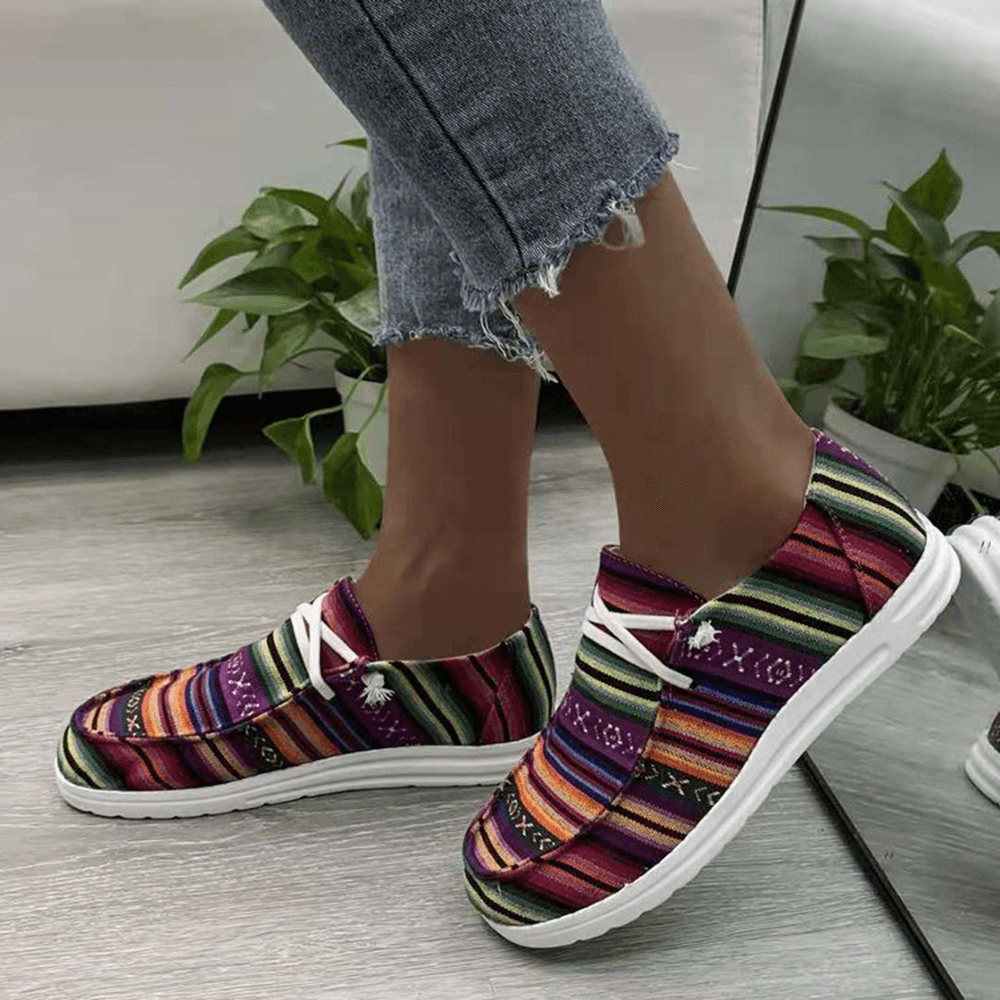 Women Large Size Stripe Printing Leopard Canvas Elastic Band Lace up Casual Flat Shoes