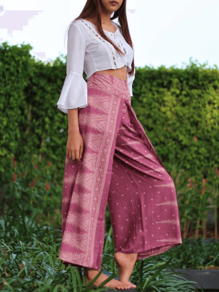 Women Idyllic Ethnic Style High Waist Side Split Loose Yoga Wide Leg Pants