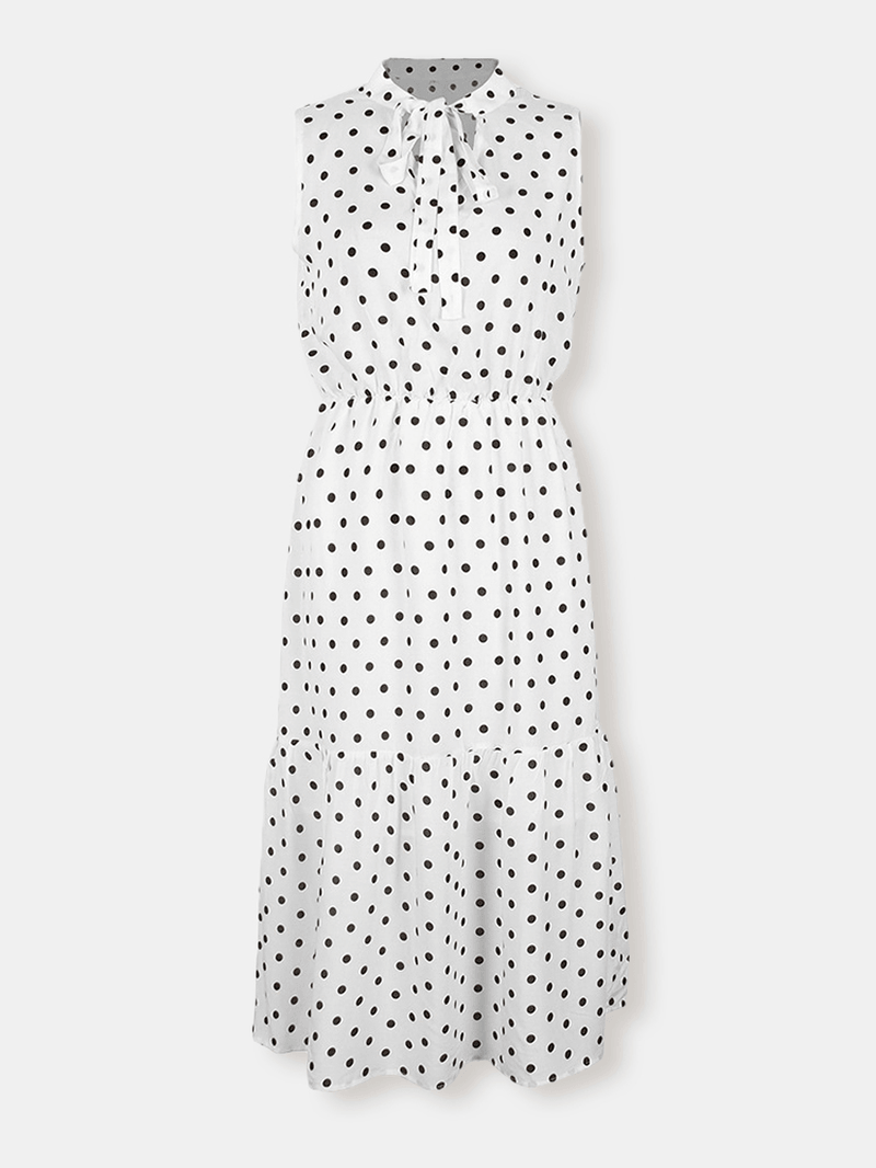 Polka Dot Print V-Neck Sleeveless Knotted Pleated Dress for Women