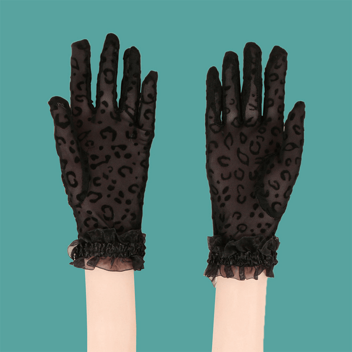 Women Polyester Cotton Lace Leopard Pattern Sunshade Breathable Short Full Finger Gloves