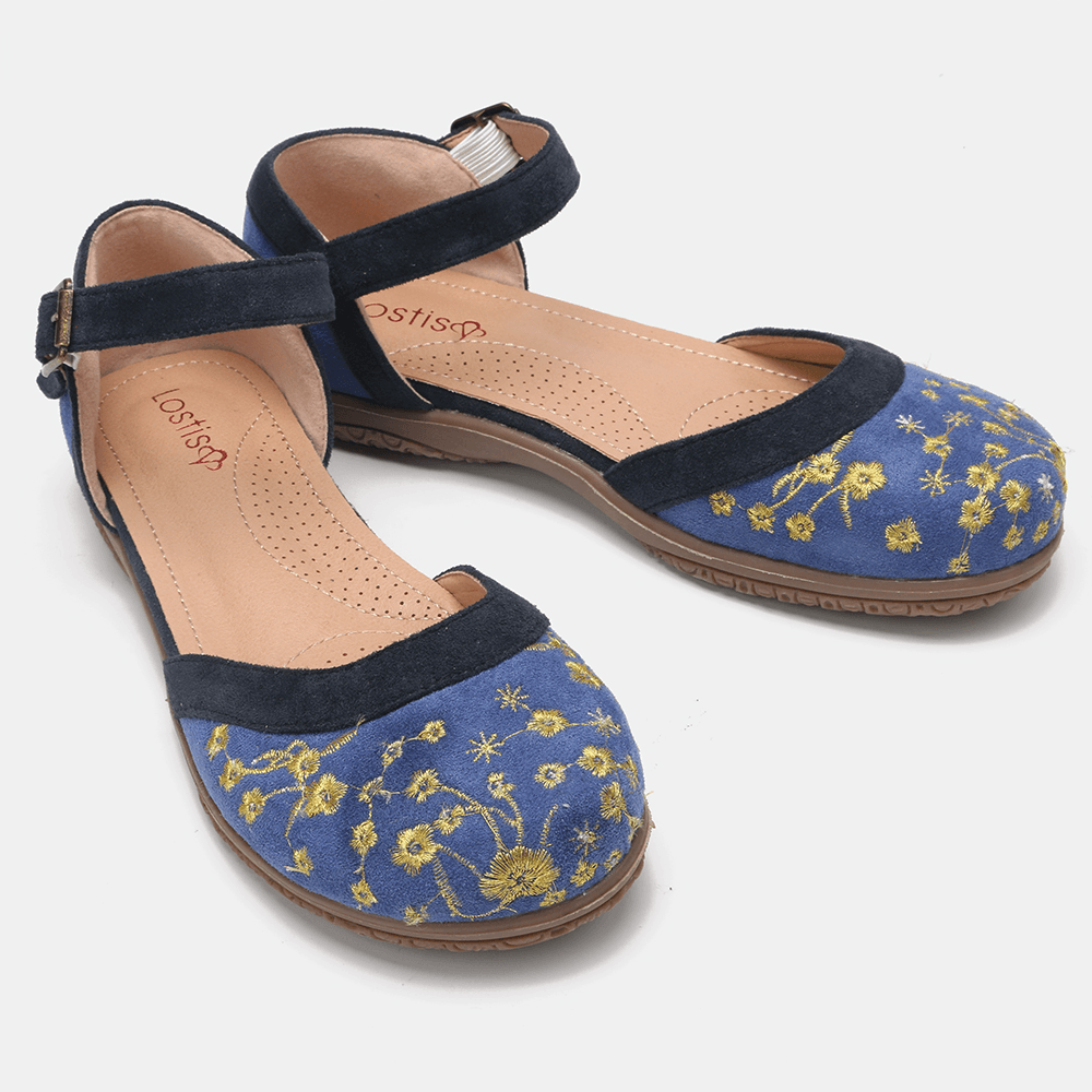 LOSTISY Women Flower Embroidery Soft Sole Slip Resistant Casual Flats