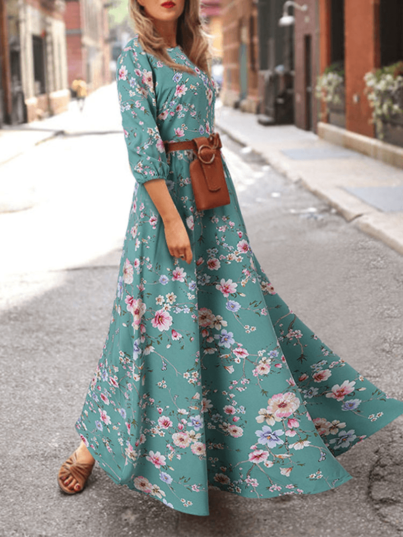 Women Bohemia Floral Print O-Neck Casual Half Sleeve Holiday Maxi Dresses - MRSLM