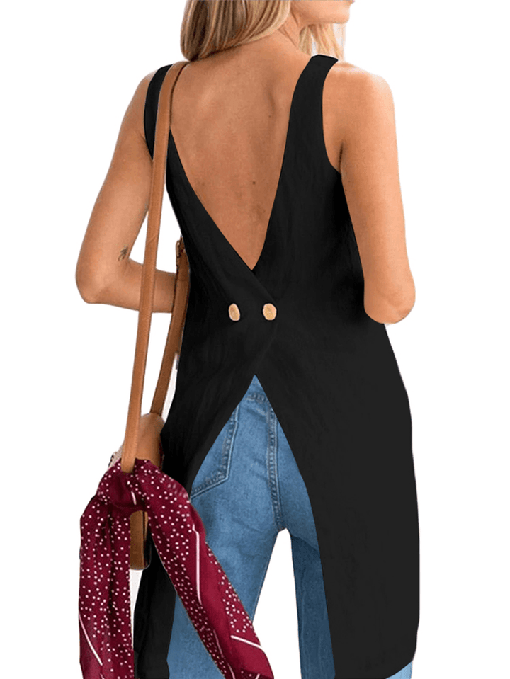 Solid Color Cotton Cross Back V-Neck Irregular Hem Sleeveless Blouse