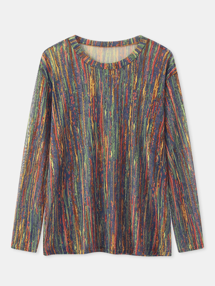 Women Multi-Color Striped Glitter Printed Long Sleeve O-Neck Blouse