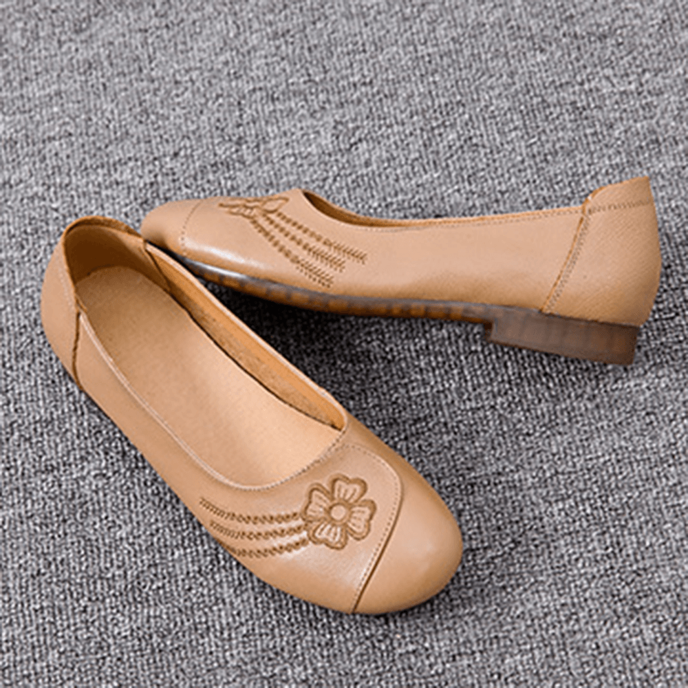 Women Brief Floral Pattern Cowhide Leather round Toe Soft Sole Comfy Slip on Flats