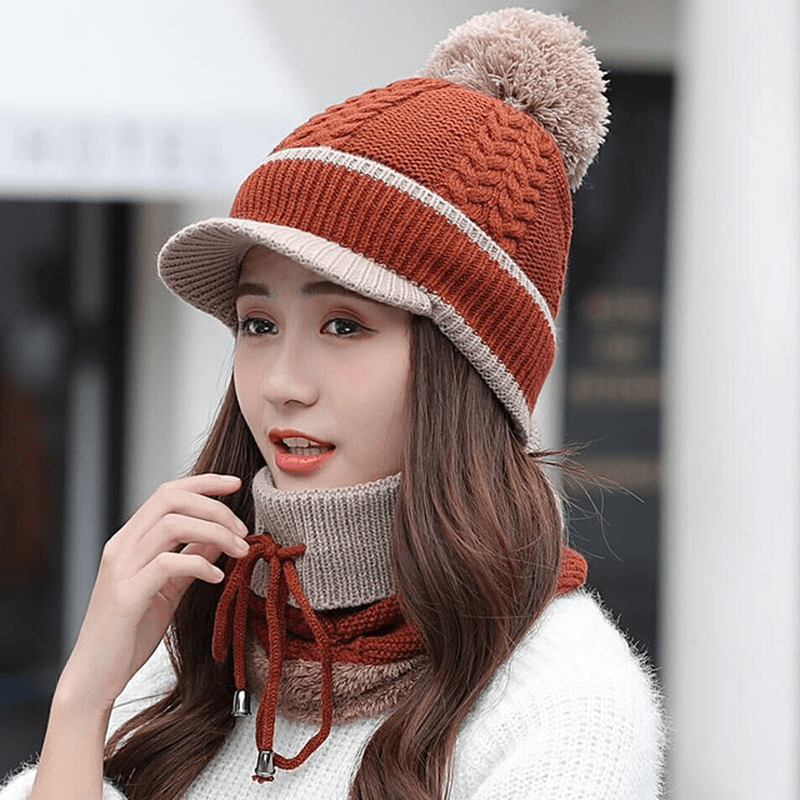 Wool Cap and Scarf Set Beanie Warm Winter Pom Wooly Cap