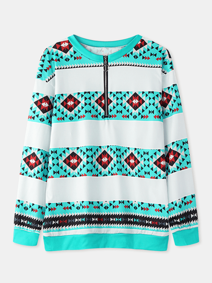 Women Geometry Print Half Zipper Front Pullover Ethnic Style Sweatshirt