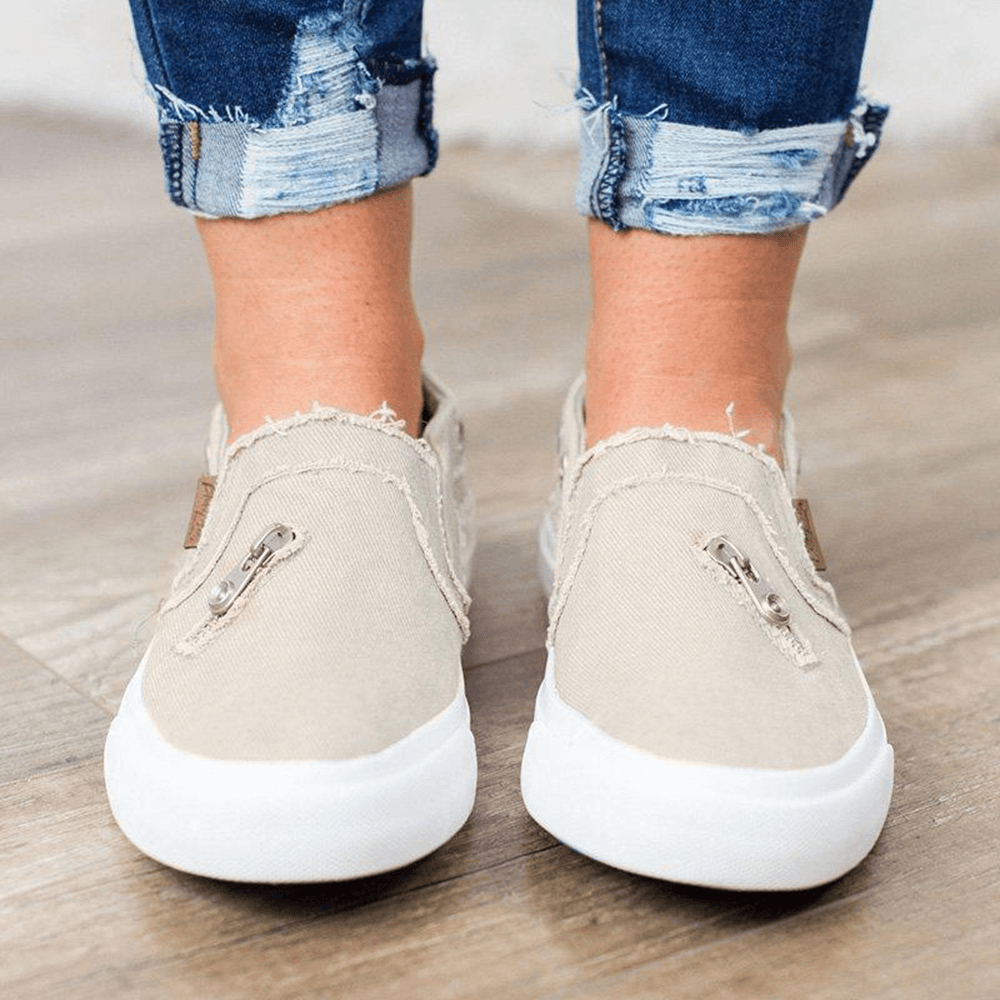 Women Zipper Decoration Elastic Band Slip on Canvas Casual Flats - MRSLM