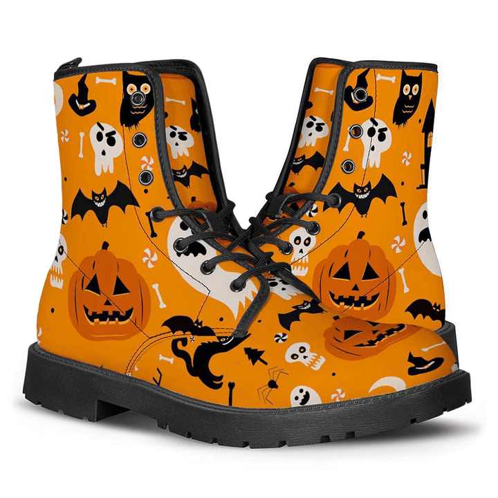 Men Leather Halloween Funny Printing Soft Sole round Toe Comfy Casual Martin Boots