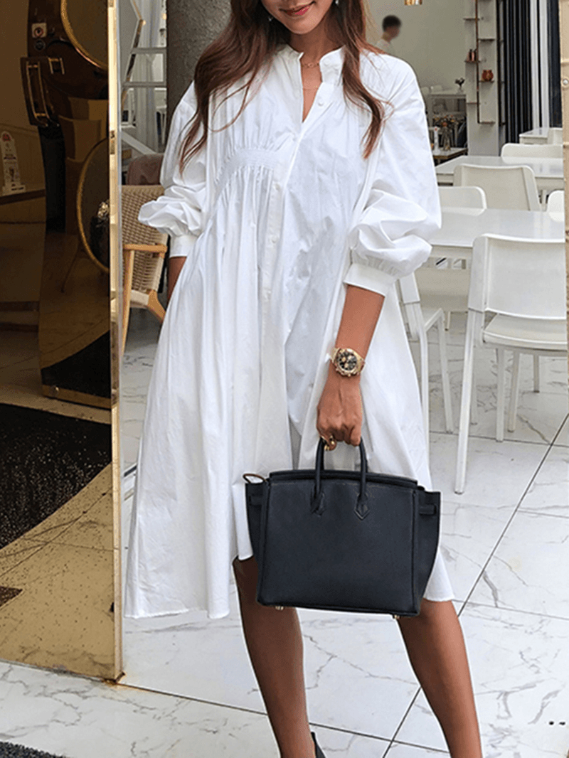 Women Solid Color Pleated Long Sleeve Casual Shirt Midi Dresses