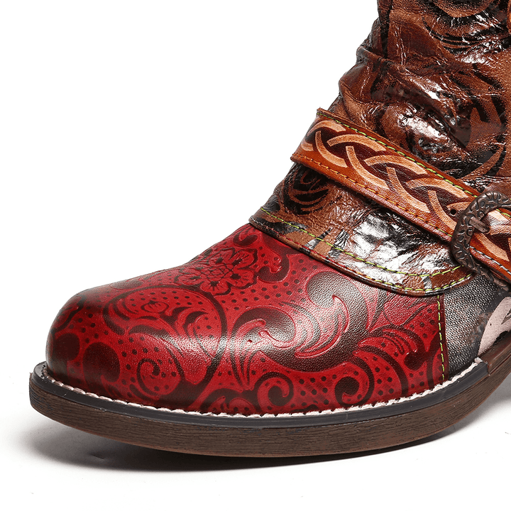 Women Embossed Rose Genuine Leather Splicing Boots