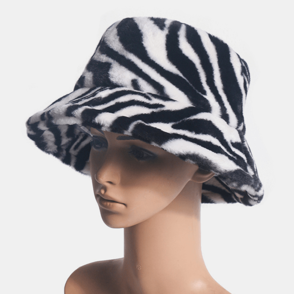 Unisex Felt Zebra Pattern plus Thicken and Velvet Warm Windproof Soft All-Match Bucket Hat