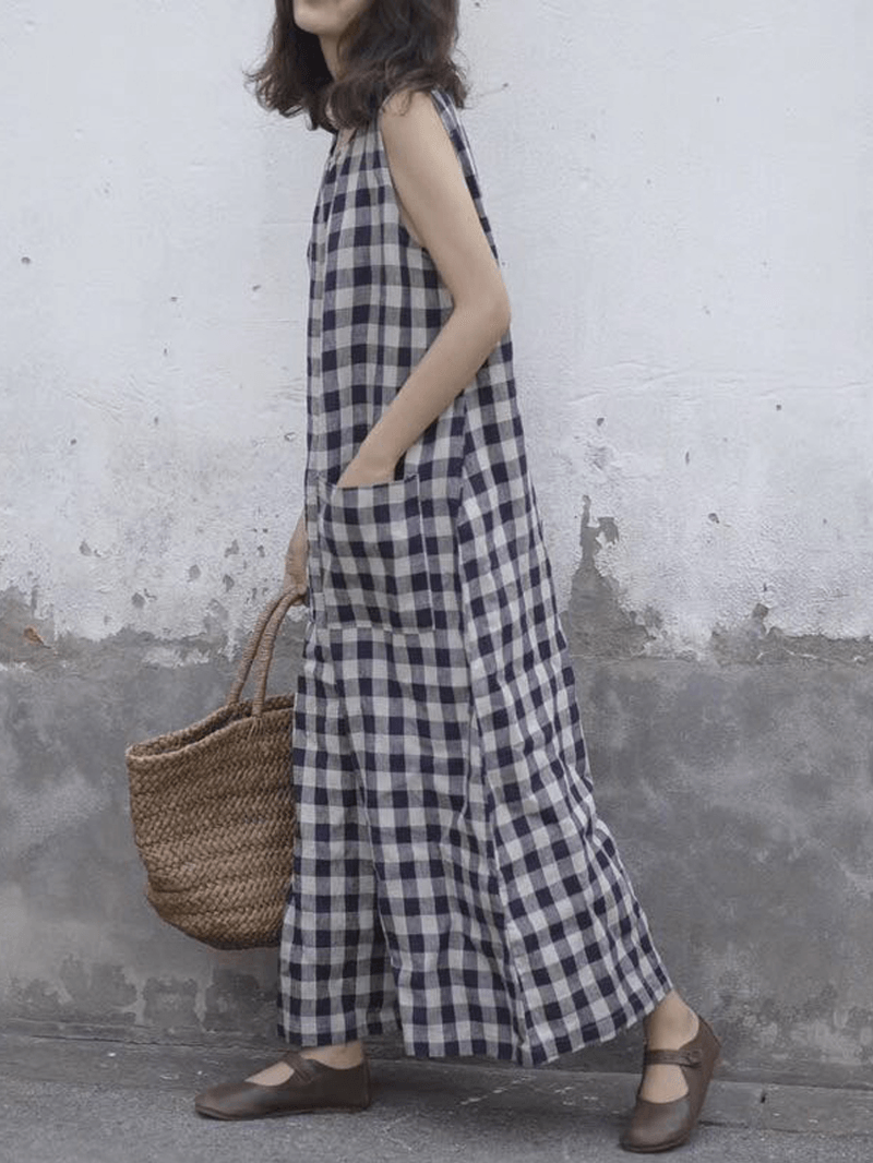 Women Sleeveless Plaid Loose Wide Leg Jumpsuit