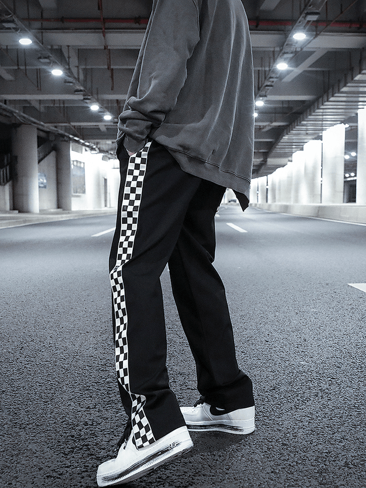 Checkerboard Side Split Straight Leg Sweatpants Hip-Hop Drop Feeling Stacked Drawstring Casual Pants Men