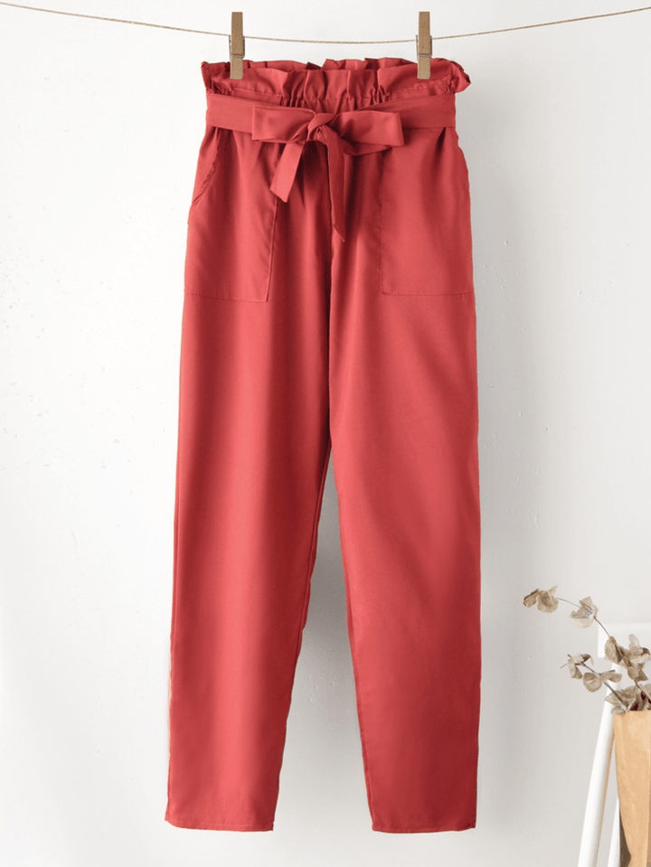 Solid Color Ruffle Knotted Pocket Casual Cropped Pants for Women - MRSLM