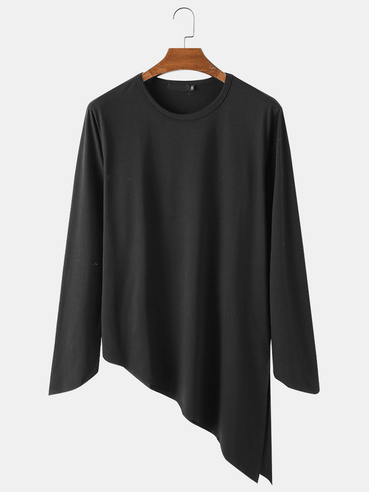 Mens Solid Color round Neck Long Sleeve Asymmetrical Hem Simple T-Shirts