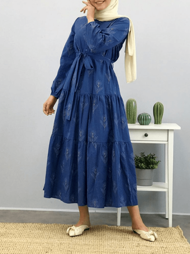 Women Floral Print Lapel Puff Sleeve Kaftan Maxi Dress with Belted