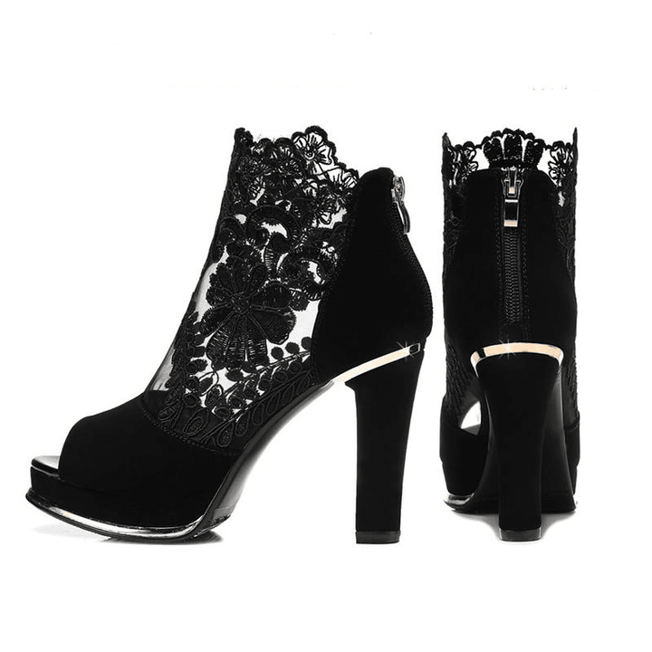 Women Black Mesh Lace Peep Toe High Heel Pumps