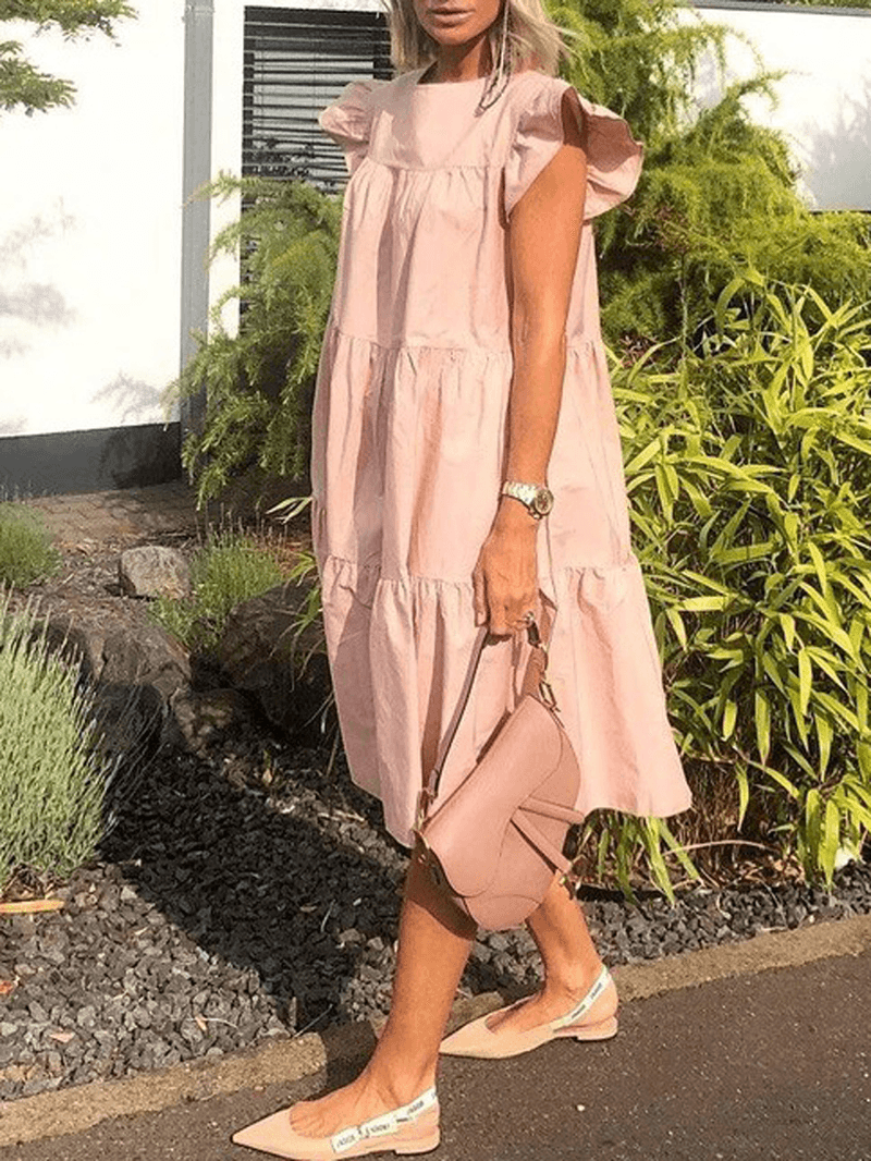 Women Solid Color Loose Ruffles Short Sleeve Casual Midi Dresses