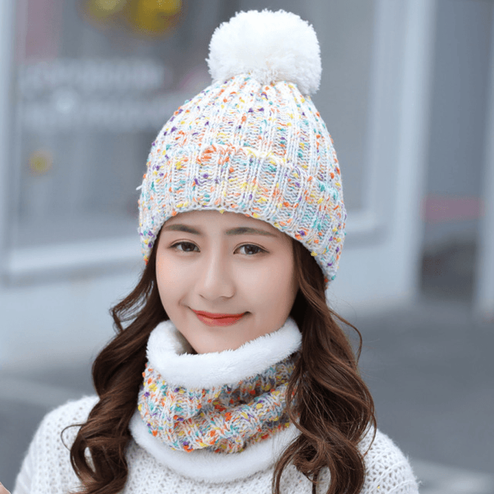 Thick Warm Wool Cap Bib Two-Piece Set Beanie Warm Winter Pom Cap