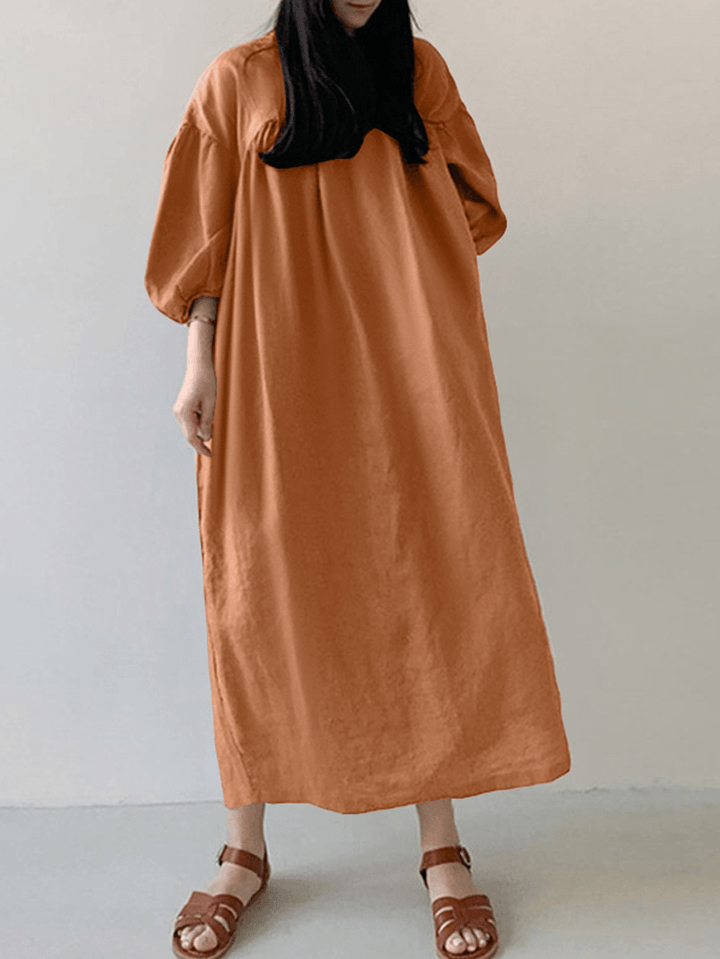 Women Cotton Solid Pleated Loose Puff Sleeve Maxi Dresses with Side Pockets