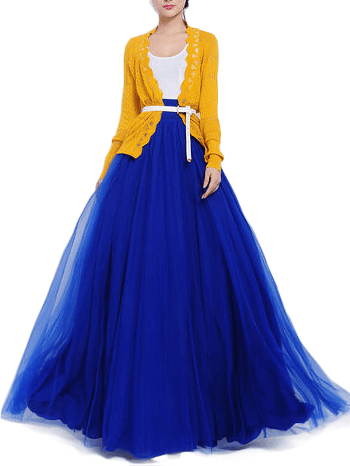 Solid Color Mesh Tulle Pleated Maxi Skirt - MRSLM