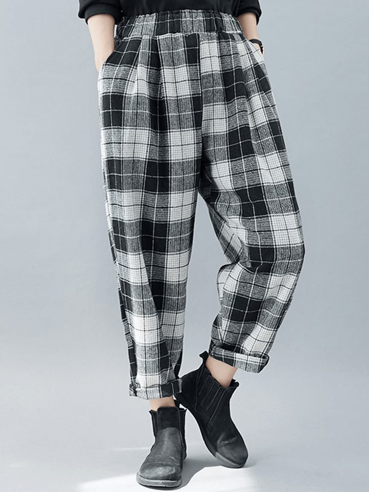 Women Plaid Color Block Elastic High Waist Side Pocket Harem Pants