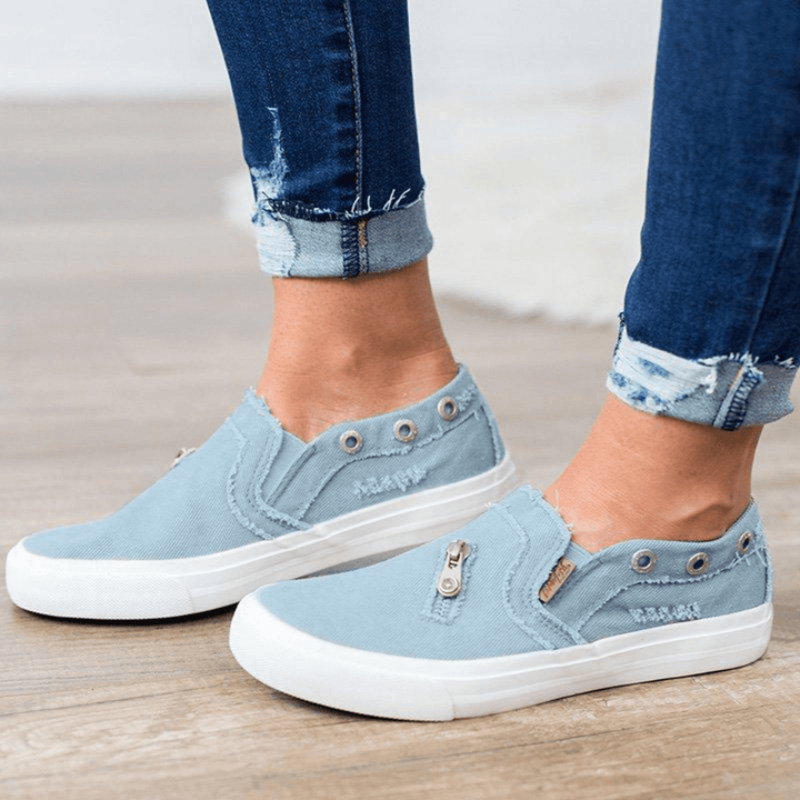 Women Zipper Decoration Elastic Band Slip on Canvas Casual Flats - MRSLM