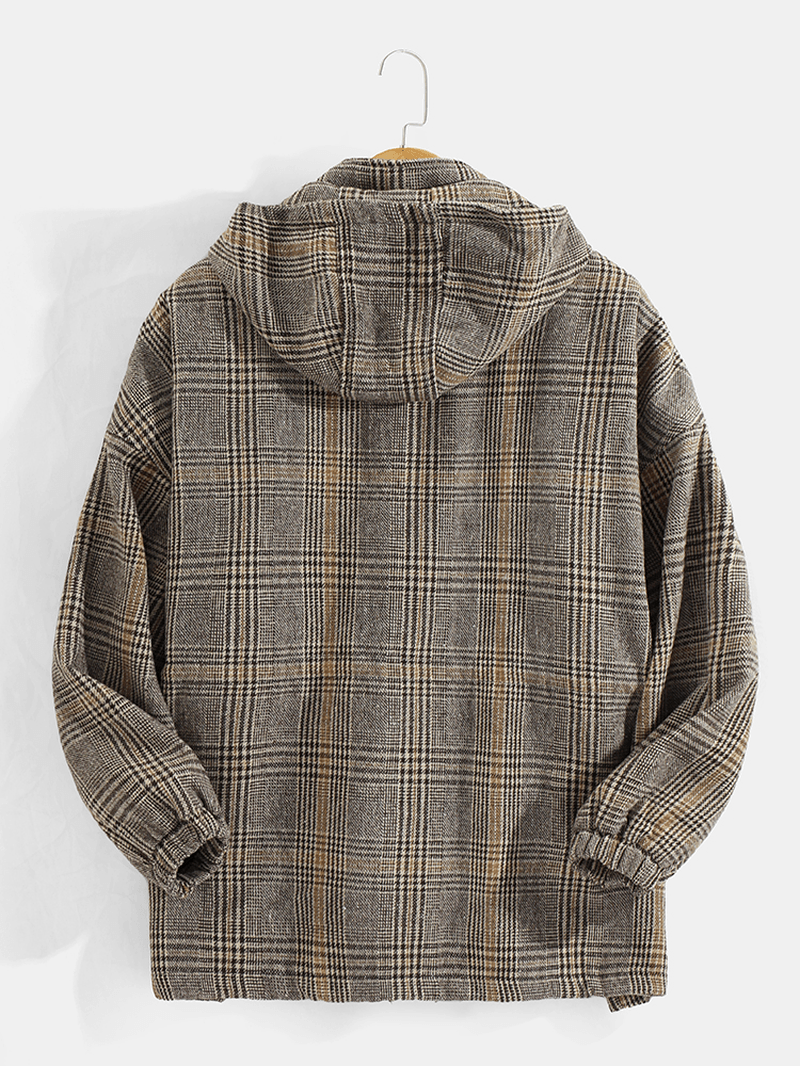 Mens Vintage Plaid Drawstring Waist Pocket Warm Hooded Coats