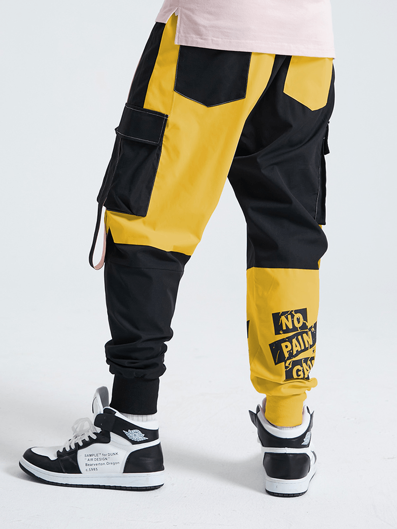 Mens Patchwork Colorblock Utility Creative Letter Printed Pants