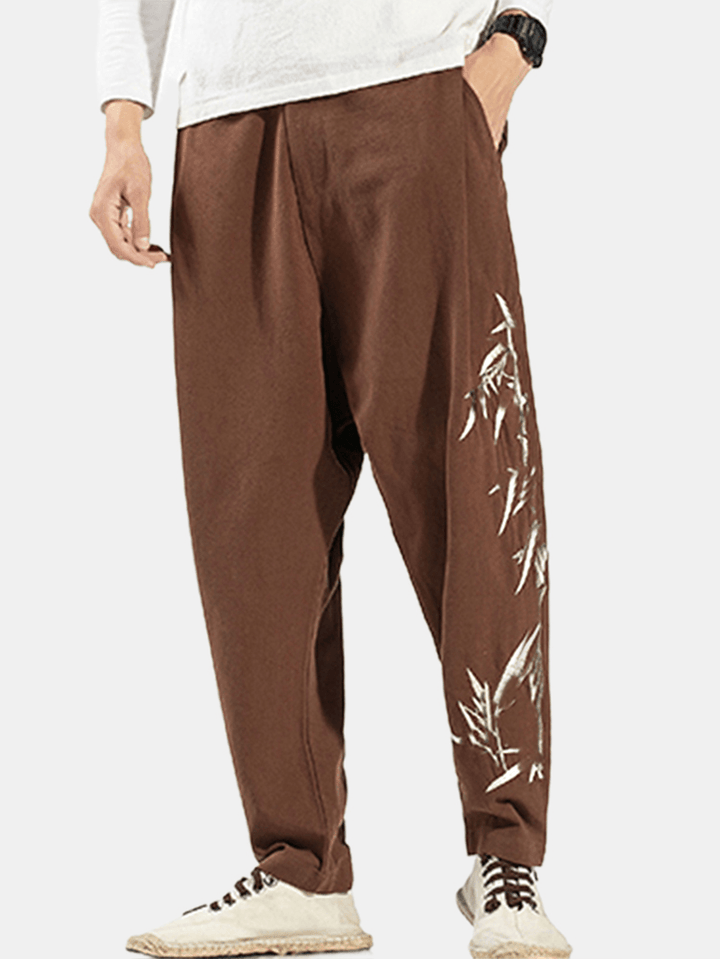 Mens Cotton Oriental Bamboo Print Breathable Button Casual Pants