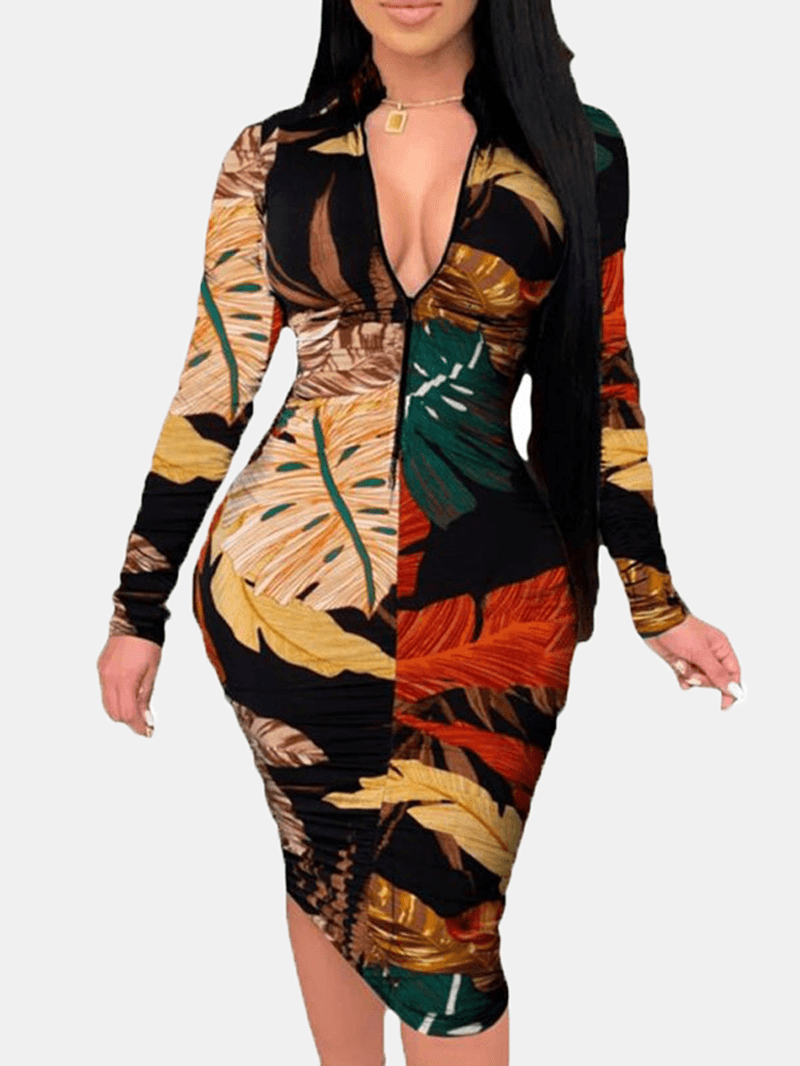 Women Plant Leaves Print Long Sleeve Zipper Elegant Midi Dress