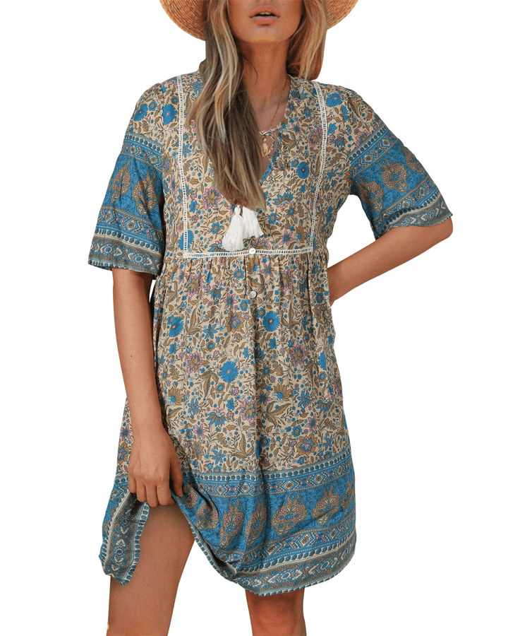 Bohemian Floral Print V-Neck Short Sleeve Mini Dress - MRSLM