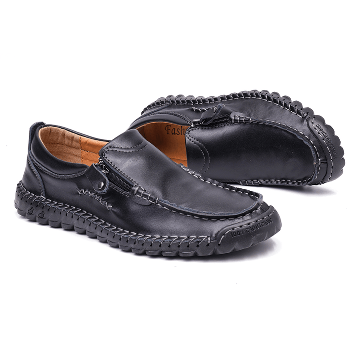 Menico Men Leather Hand Stitching Non Slip Side Zipper Casual Flats