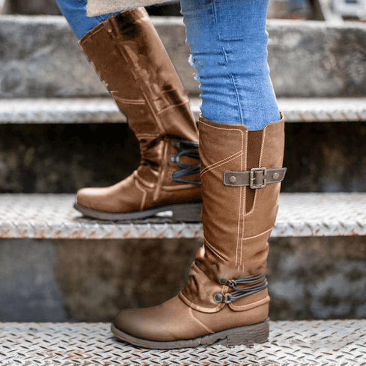 Women Metal Buckle Decor Slip on Mid Calf Riding Boots