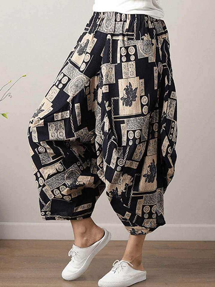 Ethnic Print Pocket Asymmetrical Elastic Waist Loose Casual Cropped Pants - MRSLM