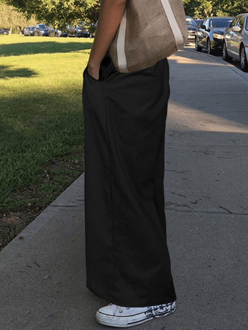 Women Solid Color Elastic Waist Cotton Casual Loose Wide Leg Pants