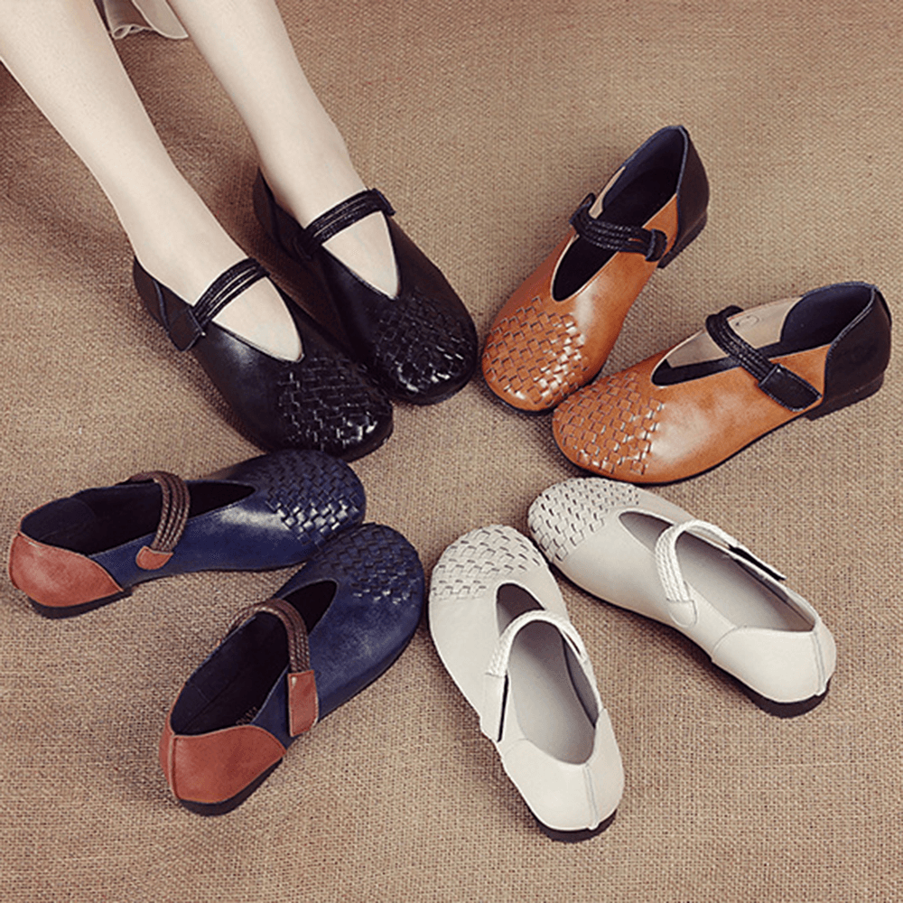 Women Genuine Leather Knitted Casual Hook Loop Flats