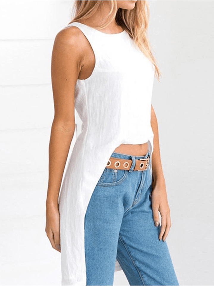 Solid Color Cotton Cross Back V-Neck Irregular Hem Sleeveless Blouse - MRSLM