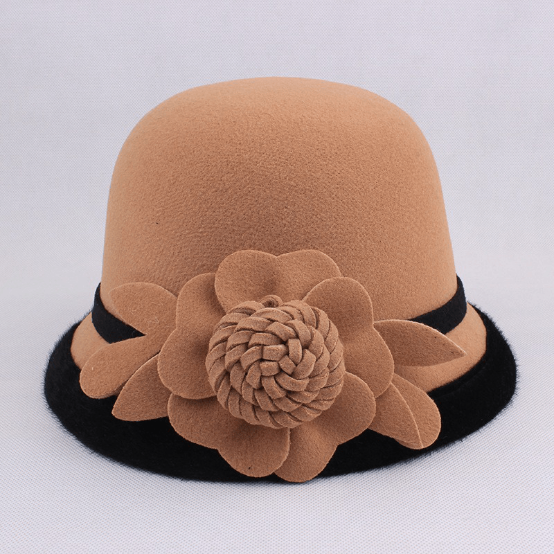 Women Warm Woolen Bowler Hat Flower Ethnic Bucket Hat