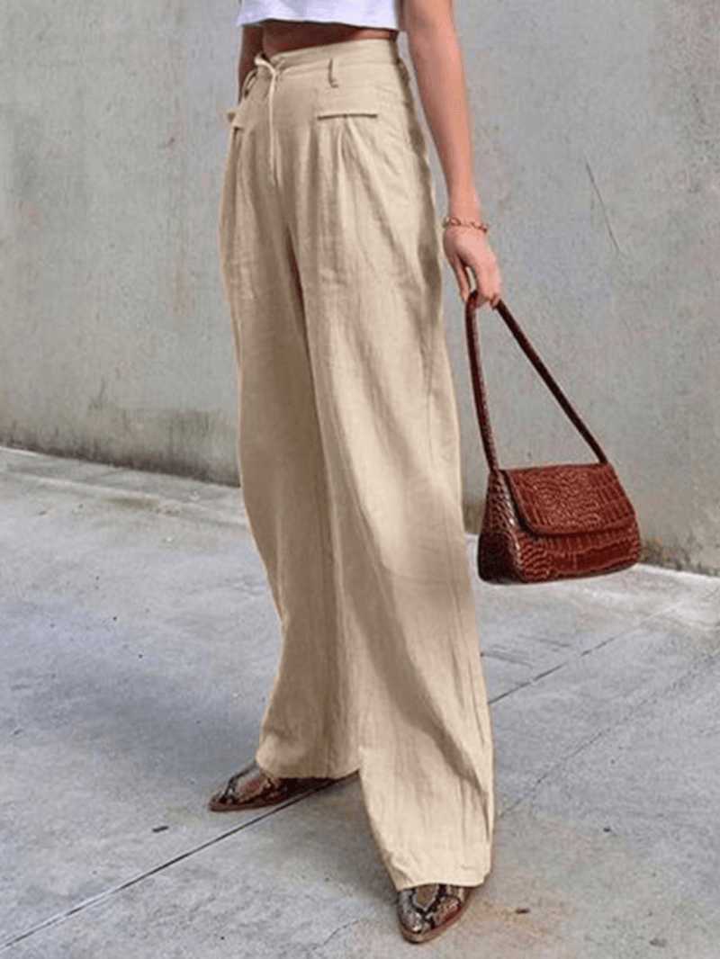 Women Zipper High Waist Wide Leg Pants Solid Color Casual Trousers with Pocket