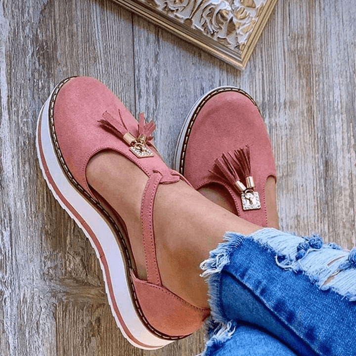 Women Tassel Decoration Cutout round Toe Comfy Flats - MRSLM