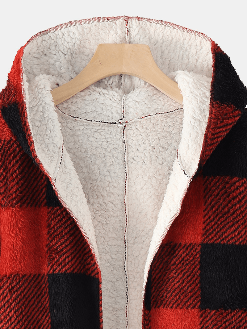 Women Plaid Fleece Hood Long Sleeve Warm Casual Hooded Sweatshirt