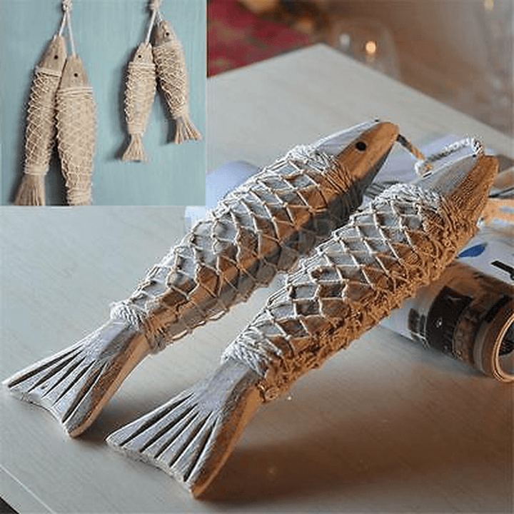 2Pcs Handmade Coastal Art Design Carved Wooden Marine Fish Wall Sculpture